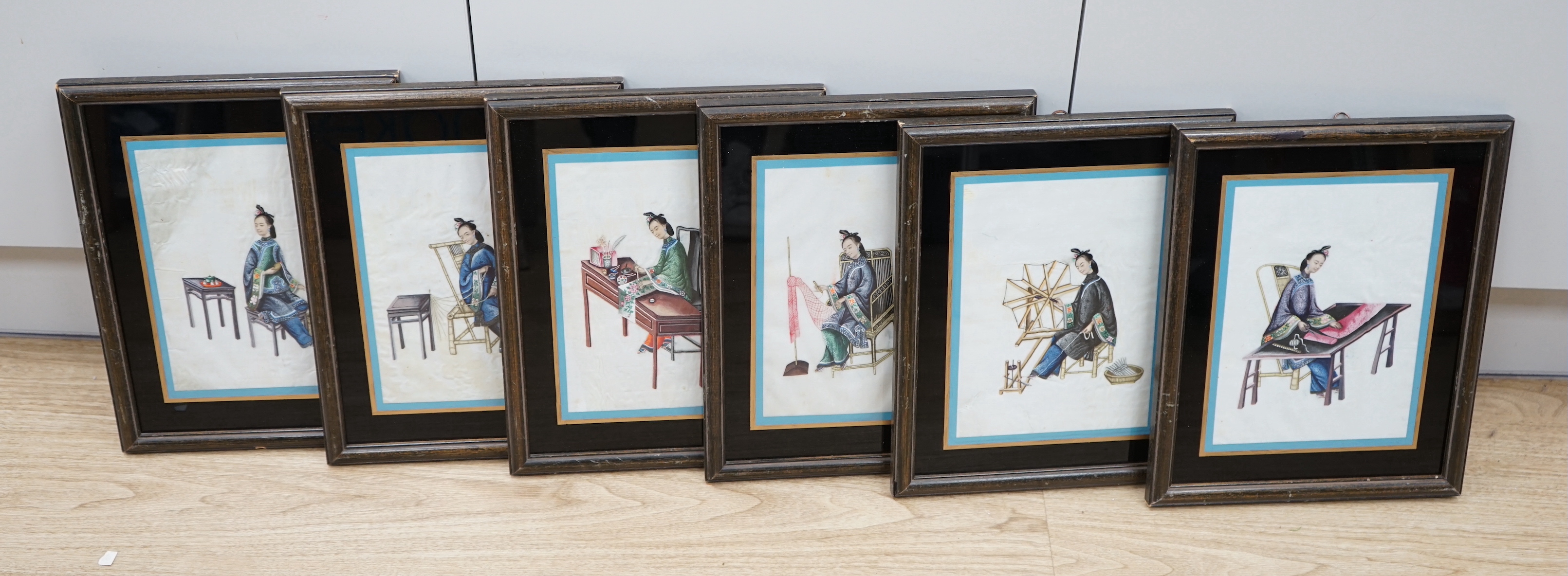 19th century Chinese School, set of six pith paper paintings, 'Ladies at work', 23.5 x 16.5cm